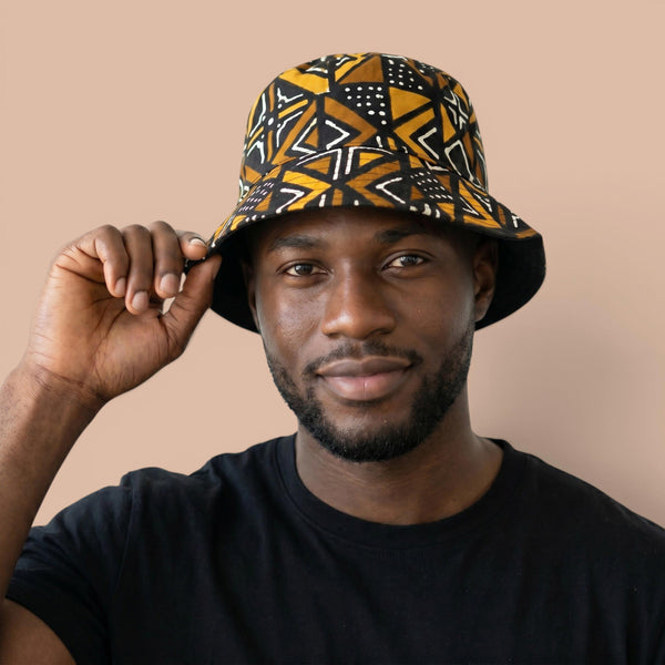 Bucket hat / Fisherman hat with African print - Brown Bogolan Geometry - Kids & Adults sizes (Unisex)