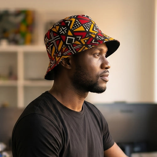 Chapeau bob / Bucket hat imprimé africain - Rouge Bogolan Geometry - tailles enfants et adultes (Unisexe)