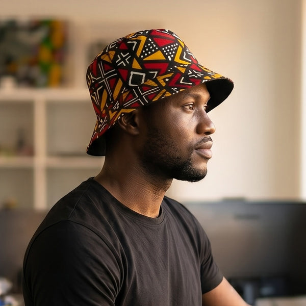 Chapeau bob / Bucket hat imprimé africain - Rouge Bogolan Geometry - tailles enfants et adultes (Unisexe)