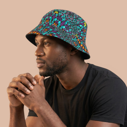 Chapeau bob / Bucket hat imprimé africain - Turquoise Violet Ocean Eye - tailles enfants et adultes (Unisexe)