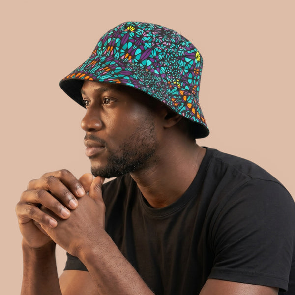 Chapeau bob / Bucket hat imprimé africain - Turquoise Violet Ocean Eye - tailles enfants et adultes (Unisexe)