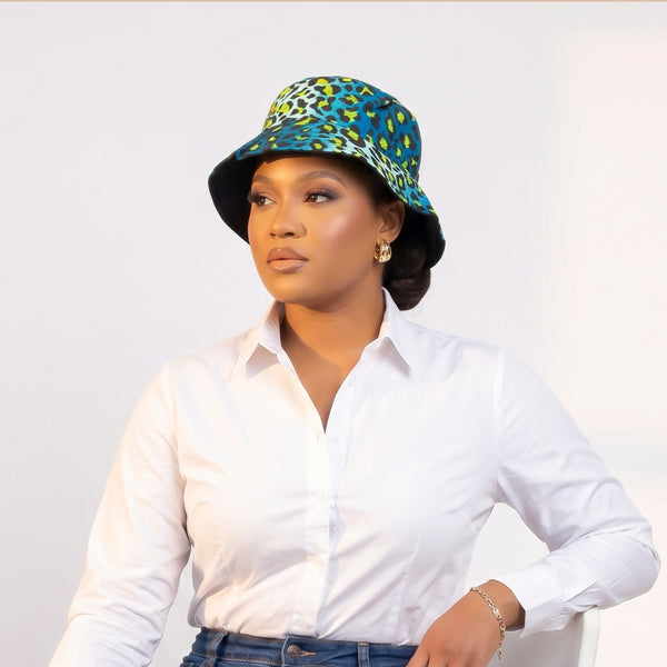Chapeau bob / Bucket hat imprimé africain - Turquoise Bleu Leopard Spots - tailles enfants et adultes (Unisexe)