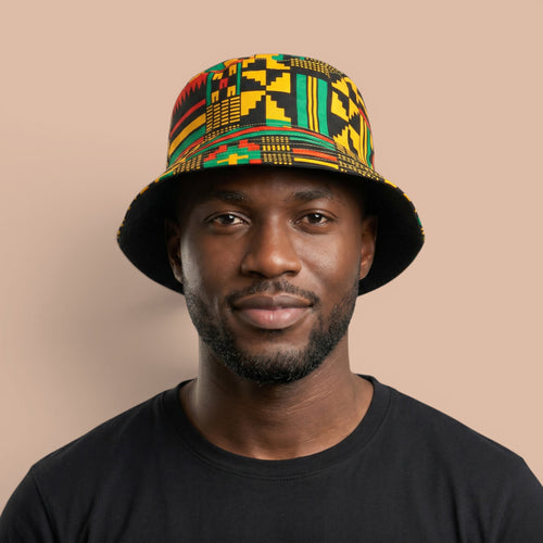 Chapeau bob / Bucket hat imprimé africain - Noir Vert Kente - tailles enfants et adultes (Unisexe)