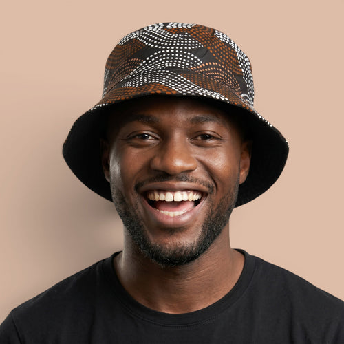 Chapeau bob / Bucket hat imprimé africain - Marron Blanc Wave Pattern - tailles enfants et adultes (Unisexe)