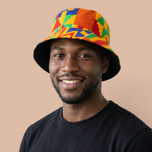 Chapeau bob / Bucket hat imprimé africain - Jaune Bleu Kente - tailles enfants et adultes (Unisexe)