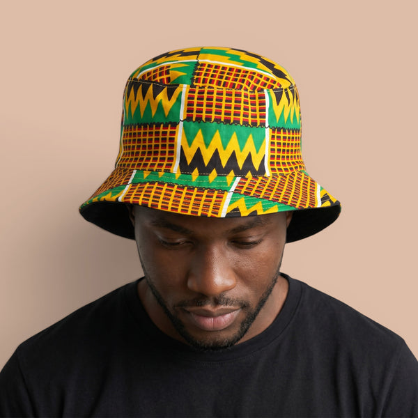 Chapeau bob / Bucket hat imprimé africain - Vert Jaune Kente - tailles enfants et adultes (Unisexe)