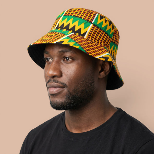 Bucket hat / Fisherman hat with African print - Green Yellow Kente - Kids & Adults sizes (Unisex)