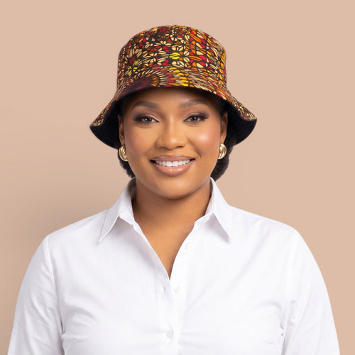 Chapeau bob / Bucket hat imprimé africain - Marron Savanna Sun - tailles enfants et adultes (Unisexe)