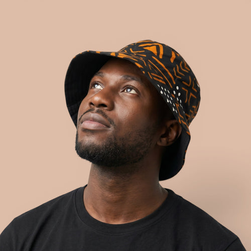 Chapeau bob / Bucket hat imprimé africain - Noir Orange Bogolan Symbols - tailles enfants et adultes (Unisexe)
