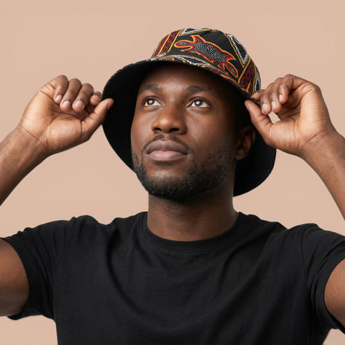 Chapeau bob / Bucket hat imprimé africain - Noir Rouge Toghu Bamenda Cameroon - tailles enfants et adultes (Unisexe)