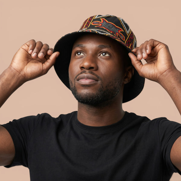 Chapeau bob / Bucket hat imprimé africain - Noir Rouge Toghu Bamenda Cameroon - tailles enfants et adultes (Unisexe)