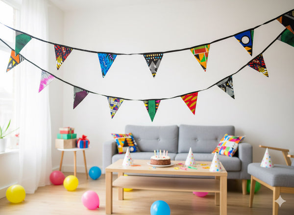 Drapeaux / guirlandes / fanions en tissu imprimé africain - Ruban noir - 5 mètres