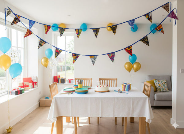 Drapeaux / guirlandes / fanions en tissu imprimé africain - Ruban bleu - 5 mètres