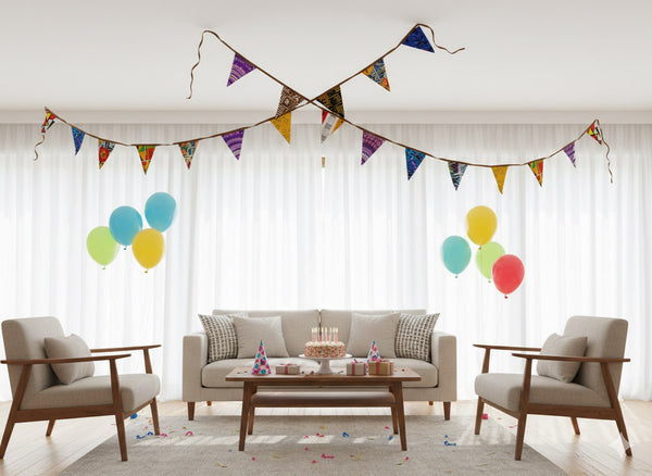 Drapeaux / guirlandes / fanions en tissu imprimé africain - Ruban brun - 5 mètres