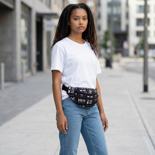 Sac banane imprimé africain - Noir / Blanc bogolan - Sac de taille Ankara / Sac pour fesses / Sac de festival avec sangle réglable