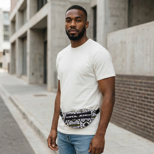 Sac banane imprimé africain - Blanc / vert bogolan - Sac de taille Ankara / Sac pour fesses / Sac de festival avec sangle réglable