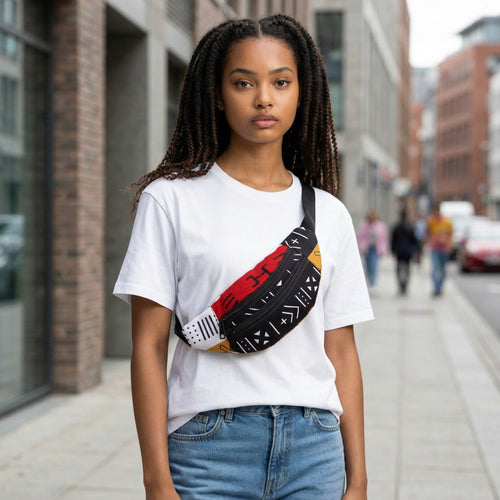 Sac banane imprimé africain - Rouge bogolan symbols - Sac de taille Ankara / Sac pour fesses / Sac de festival avec sangle réglable