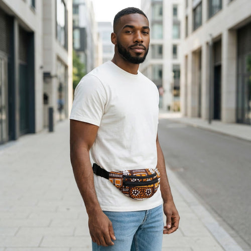 Sac banane imprimé africain - Marron bogolan patterns - Sac de taille Ankara / Sac pour fesses / Sac de festival avec sangle réglable