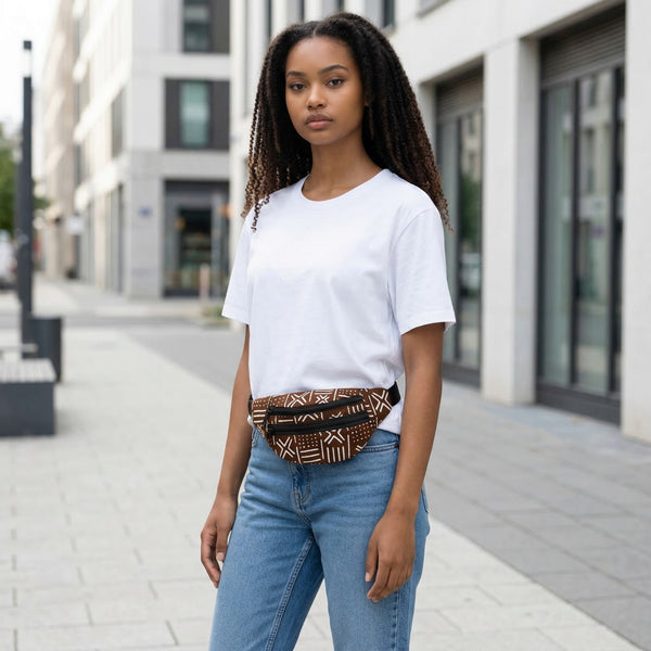 Sac banane imprimé africain - Marron X bogolan - Sac de taille Ankara / Sac pour fesses / Sac de festival