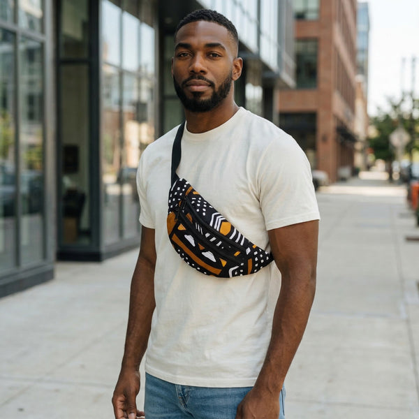 Sac banane imprimé africain - Marron Noir bogolan - Sac de taille Ankara / Sac pour fesses / Sac de festival