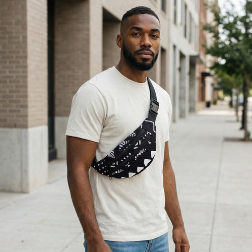 Sac banane imprimé africain - Noir / blanc bogolan - Sac de taille Ankara / Sac pour fesses / Sac de festival avec sangle réglable