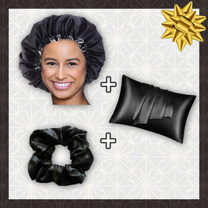 SET SATIN - Protégez vos cheveux et votre peau - Noir Bonnet en Satin + Taie d'oreiller en satin + Scrunchie Satin