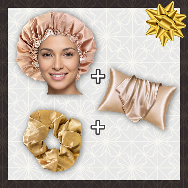 SET SATIN - Protégez vos cheveux et votre peau - Kaki Bonnet en Satin + Taie d'oreiller en satin + Scrunchie Satin