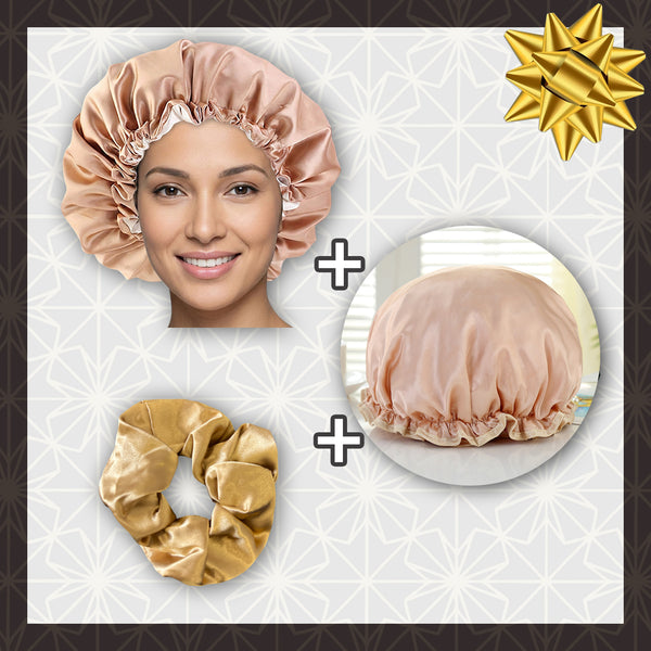 SET SATIN - Protéger et doucher - Kaki Bonnet en Satin + Bonnet de douche + Scrunchie Satin