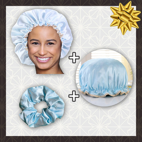 SET SATIN -  Protéger et doucher - Bleu clair Bonnet en Satin + Bonnet de douche + Scrunchie Satin