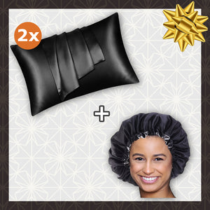 SET SATIN - Protégez vos cheveux et votre peau - Noir Bonnet en Satin + Taie d'oreiller en satin