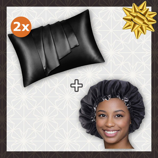 SET SATIN - Protégez vos cheveux et votre peau - Noir Bonnet en Satin + Taie d'oreiller en satin