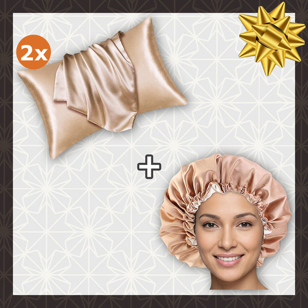 SET SATIN - Protégez vos cheveux et votre peau - Kaki Bonnet en Satin + 2 x Taie d'oreiller en satin