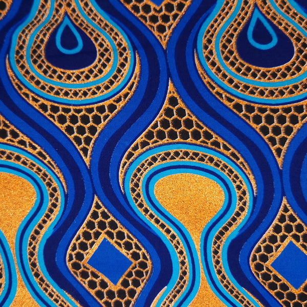 Tissu imprimé africain - Effets pailletés exclusifs 100% coton - GL-4016 Bleu Orange Or (Important : veuillez lire)