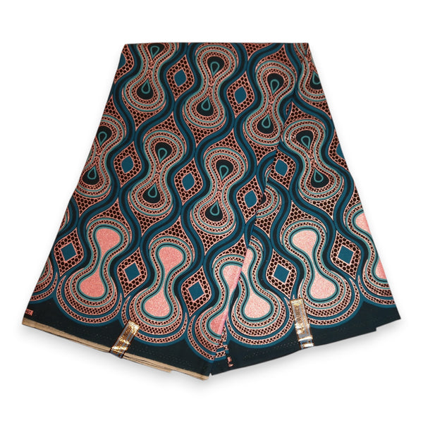 Tissu imprimé africain - Effets pailletés exclusifs 100% coton - GL-4017 Turquoise Rose Or rose