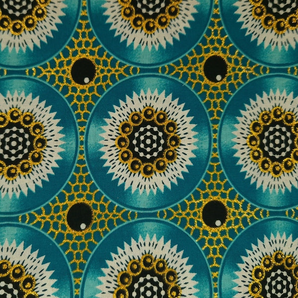 Tissu imprimé africain - Effets pailletés exclusifs 100% coton - GL-4032 Turquoise Or