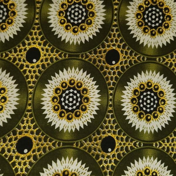 Tissu imprimé africain - Effets pailletés exclusifs 100% coton - GL-4034 Vert olive Or