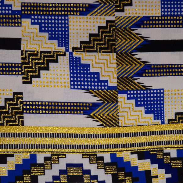 Tissu imprimé africain - Effets pailletés exclusifs 100% coton - GL-4048 Bleu Or Kente