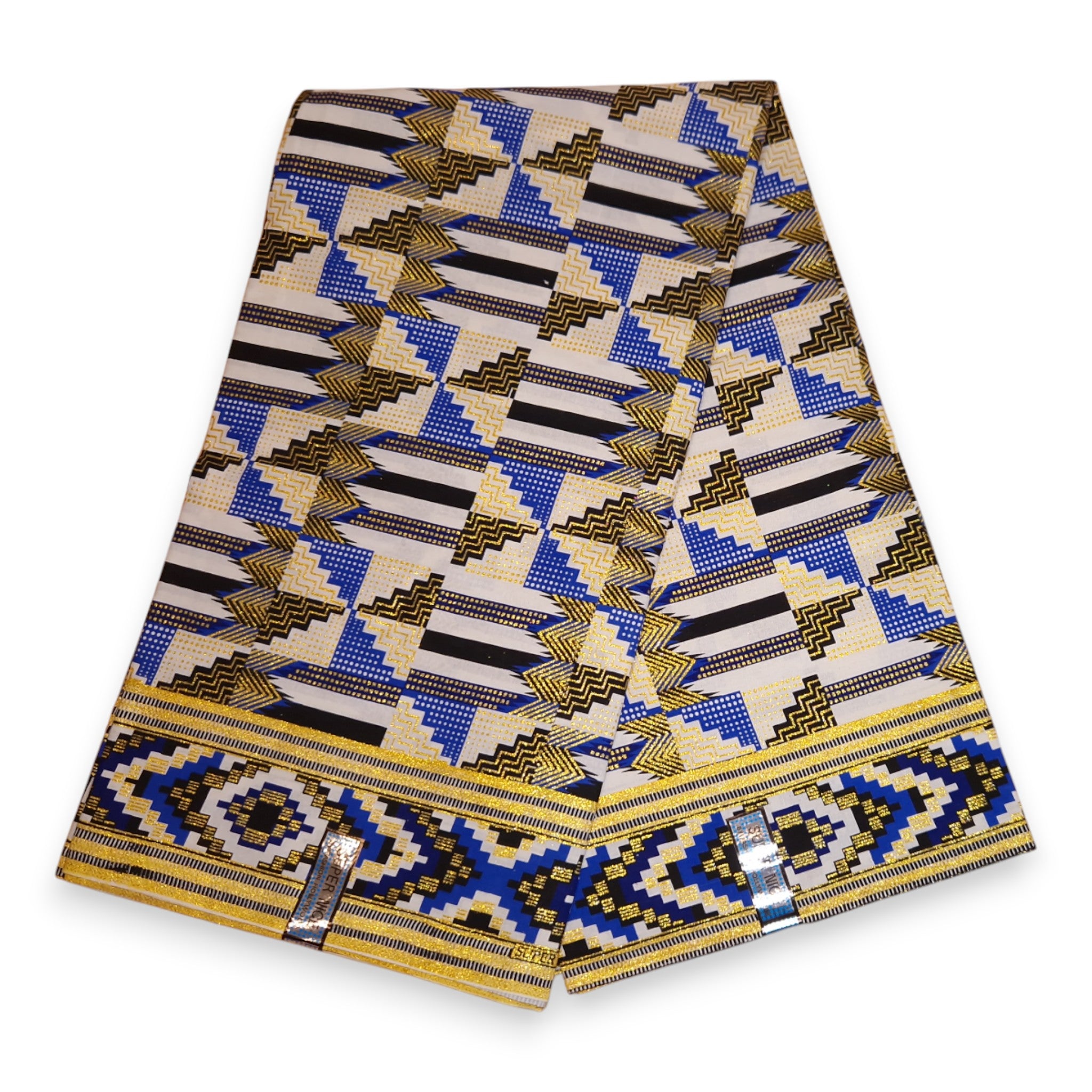 Tissu imprimé africain - Effets pailletés exclusifs 100% coton - GL-4048 Bleu Or Kente