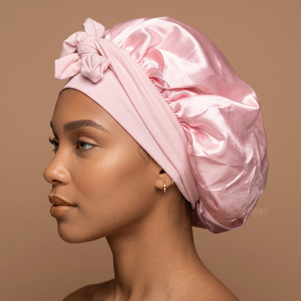 Bonnet de nuit en satin avec bretelles - Rose ( Bonnet de sommeil en satin )