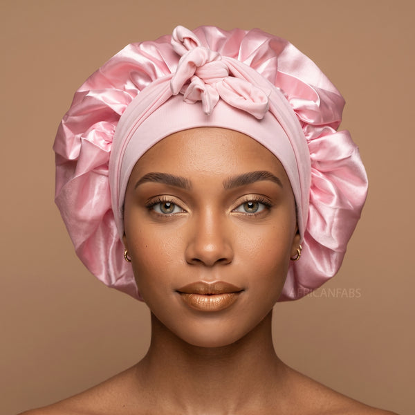 Bonnet de nuit en satin avec bretelles - Rose ( Bonnet de sommeil en satin )