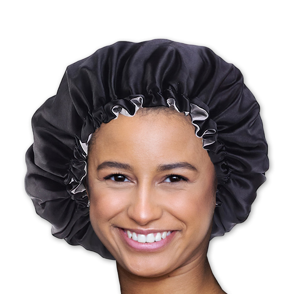 SET SATIN - Protégez vos cheveux et votre peau - Noir Bonnet en