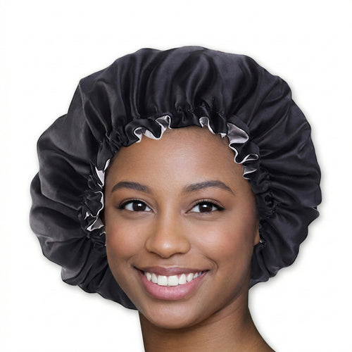 SET SATIN - Protégez vos cheveux et votre peau - Noir Bonnet en Satin + Taie d'oreiller en satin + Scrunchie Satin