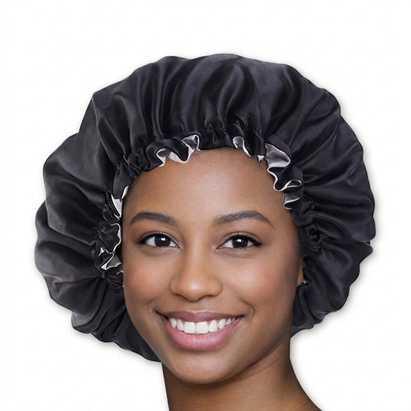 Noir / Gris Bonnet en Satin ( Bonnet de nuit réversible en satin )