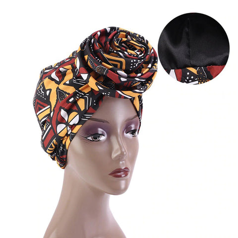Bandana / chapeau préemballé - Casquette de nuit doublée de satin imprimé Bogolan africain