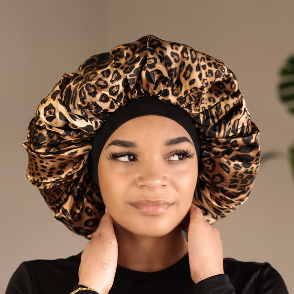 Bonnet extra large imprimé léopard d'Afrique (bonnet de nuit doublé de satin)