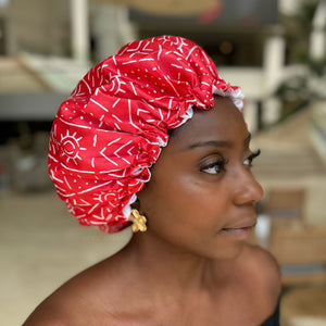 Rouge / bogolan Bonnet en Satin ( Bonnet de nuit réversible en satin )