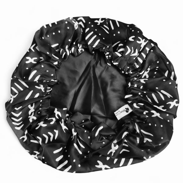 Noir / bogolan Bonnet en Satin ( Bonnet de nuit réversible en satin )