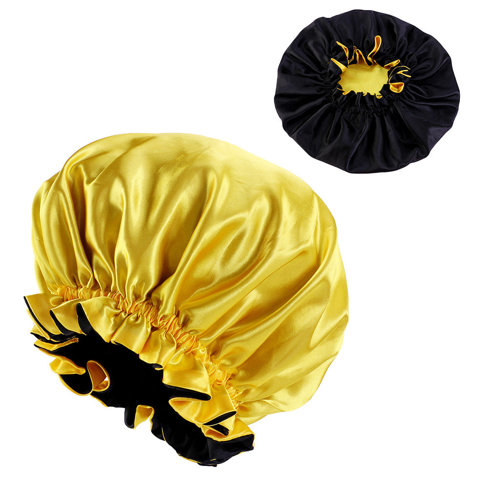 Jaune / Noir Bonnet en Satin avec bordure ( Bonnet de nuit réversible en satin )
