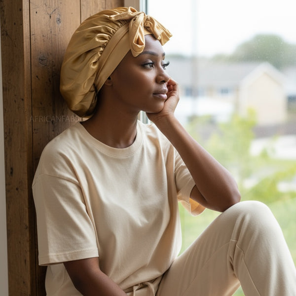 Bonnet de nuit en satin avec bretelles - Kaki ( Bonnet de sommeil en satin )