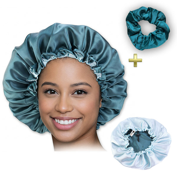 Vert Bonnet en Satin + Chouchou en satin  ( Bonnet de nuit réversible en satin )
